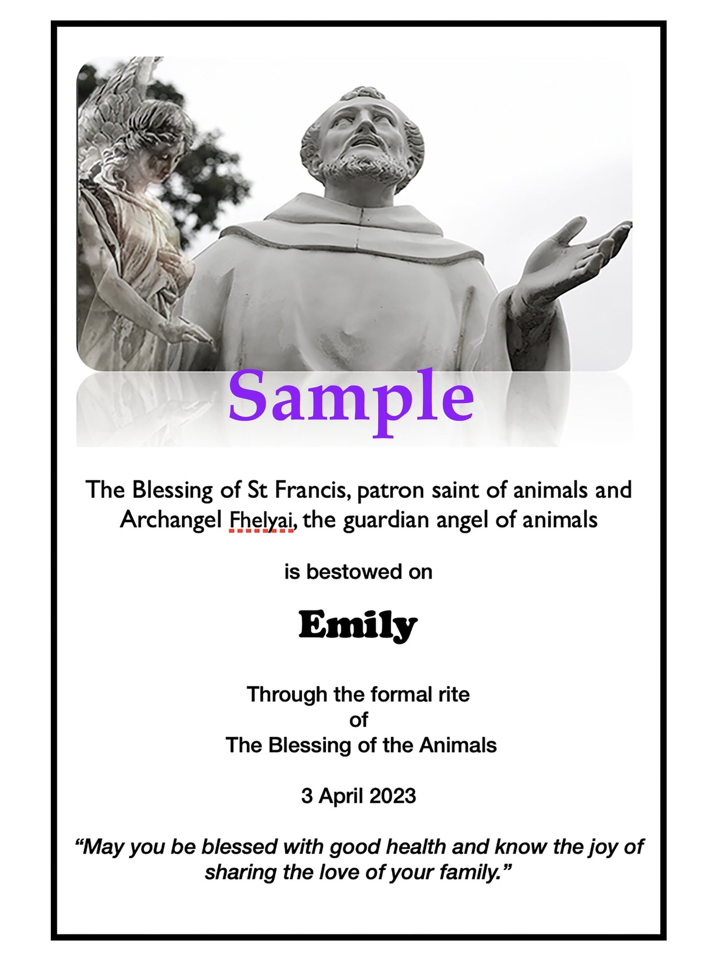 Pet Blessing of Good Health and Love |  by St Francis and Angel Fhelyai, guard and protect with FREE blessing card to frame